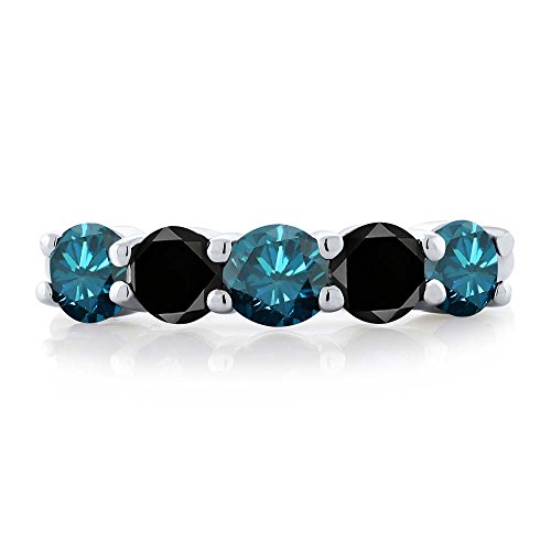 Gem Stone King 925 Sterling Silver Blue Diamond and Black Diamond Wedding Band Ring For Women (0.79 Cttw, Round 3.5MM, Gemstone April Birthstone, Available In Size 5, 6, 7, 8, 9)2