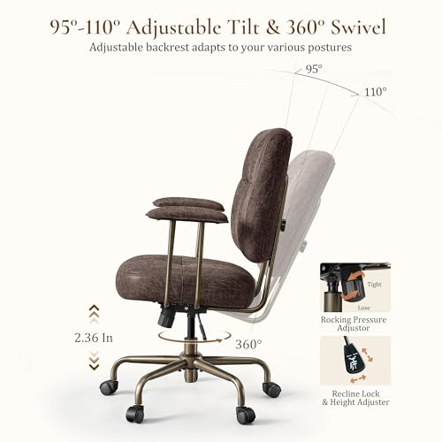 Image of EUREKA ERGONOMIC Becky Mid Century Modern Office Desk Chairs Leather, Comfy Office Chair with Lumbar Support and Arms, Mid-Back, Comfortable Thick Cushion, Height Adjustable, 360Swivel, Brown