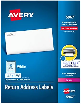 Avery Address Labels with Sure Feed for Laser Printers, 0.5" x 1.75", 20,000 Labels, Permanent Adhesive (5967)