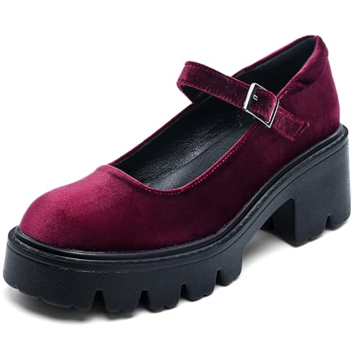Elvora Women's Mary Jane Shoes - Platform Mary Janes for Women, Burgundy Velvet Round Toe Chunky...
