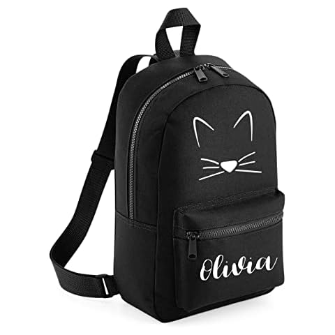 Cat School Bag Kids Personalised Any Name Mini Backpack Girls Back To School Bags For Children Custom Nursery PE Bags (Black) Cover