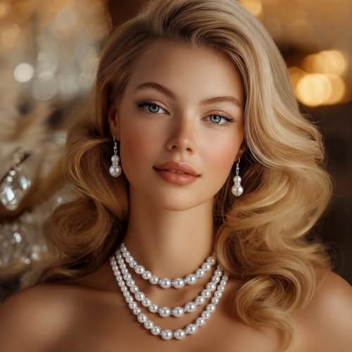 Image of Glenmal Pearl Rhinestone Jewelry Set for Women Pearl Necklace Bracelet Earrings for Wedding Halloween Bridal Shower Tea Party