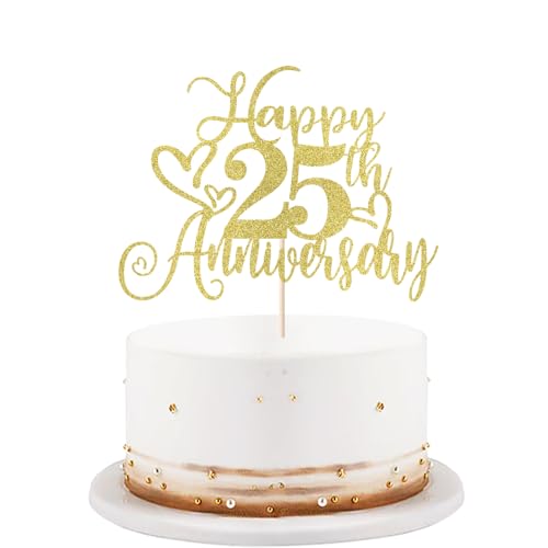 golden Glitter Happy 25th Anniversary Cake Toppers-Wedding Anniversary Party Decorations,gold