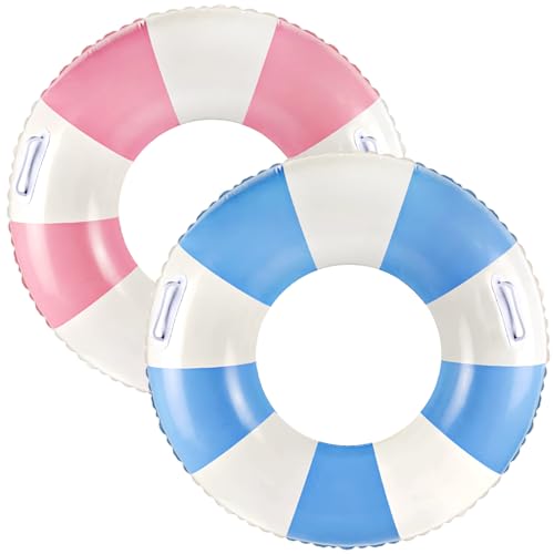 Zaruatu 2 Pcs Classic Striped Pool Floats with Handle Inflatable Blue & White Stripes Tubes for Floating Large Swim Rings for Adult Summer Holiday Beach Bachelorette Party (Blue&Pink-36')