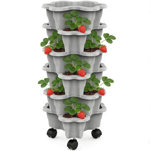 Planteur Fraises, Jardinière De Fraises Empilable, Jardinière De Jardin Verticale À 6 Niveaux Avec Roulettes, Tour De Jardin À Plusieurs Niveaux Pour Le...