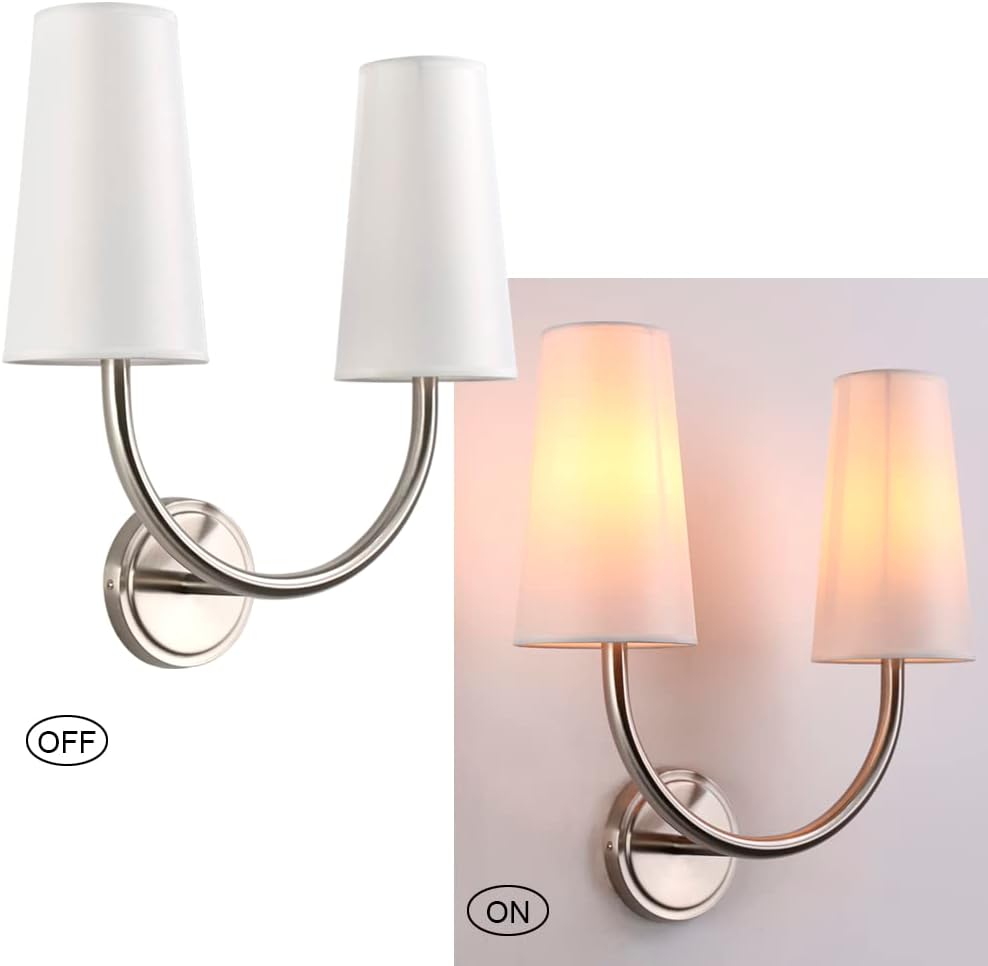 Yosoan Wall Sconce Bedside Light Fixture, 2-Lighy Dual Vintage Boho Industrial Double White Tapered Fabric Shade Vanity Lamp for Bedroom Living Room Corridor Study Porch Nightstand(Brushed)