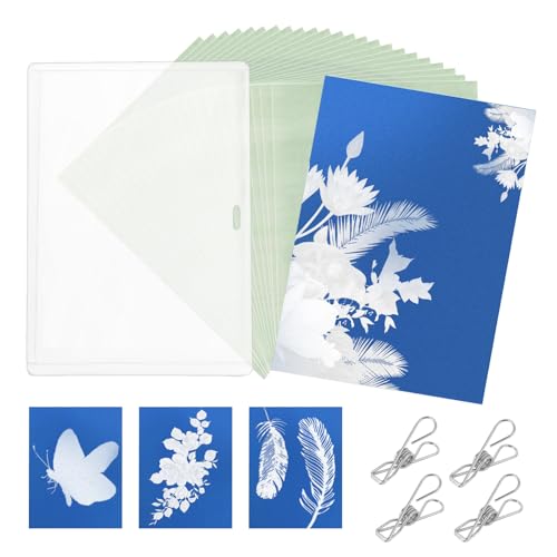A6 Cyanotype Sunprint Paper Kit 24 Sheets Sun Print Papers with Plastic Panel & 4 Metal Clips High Sensitive Solar Printing Set for DIY Nature Art Craft Projects