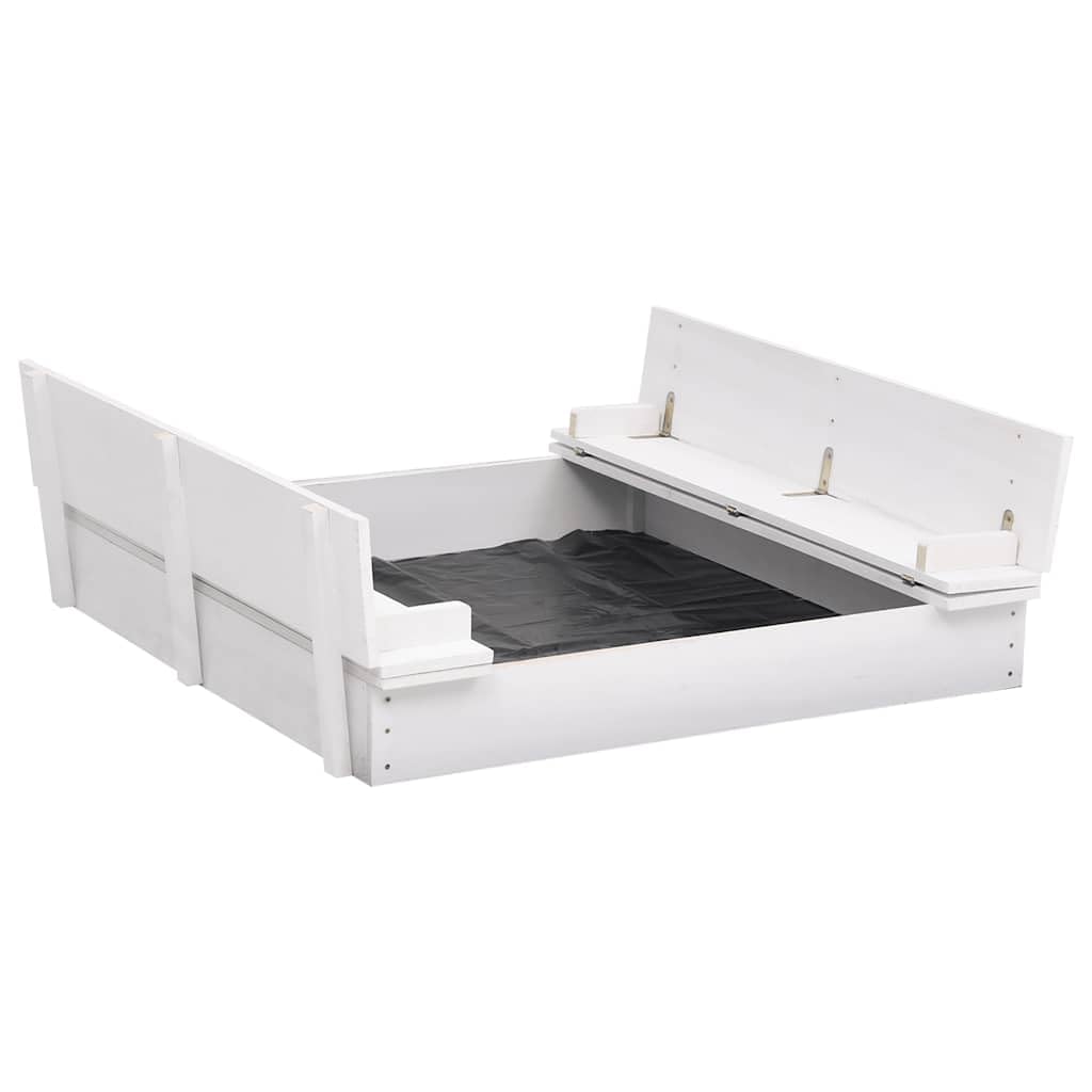 Sandkasten aus Tannenholz Weiß 95 x 90 x 15 cm mit Deckel zu 2 Bänken, Nylon-Bodenplane, für Garten Hof Terrasse Strand Outdoor Buddeln Bauen Formen