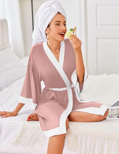 Image of Ekouaer Robes for Women Knee Length Bathrobe Lightweight Kimono Robe 3 /4 Sleeve Knit Sleepwear with Pockets