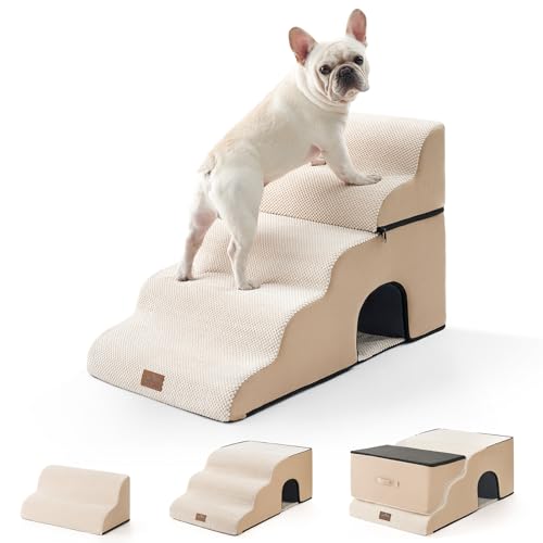 COZY KISS Hundetreppe für Kleine Hunde, Haustiertreppe für Hochbett aus Hochdichtem Schwamm, Hunde Treppe Hunderampe mit Waschbarem Bezug (Beige, 84 × 50 × 57 cm, 5)