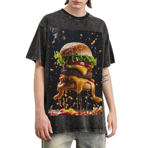 T-shirt vintage délavé pour homme style fast food coupe ample en coton