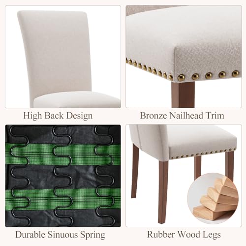 Image of Farmhouse Dining Chairs Set of 6, High Back with Wooden Legs and Nailhead Trim, Modern Fabric Dining Room Chair for Kitchen /Restaurant