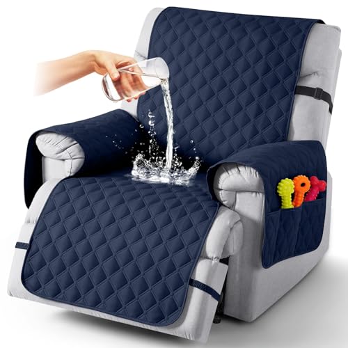 Image of TAOCOCO 100% Waterproof Recliner Covers, Recliner Sofa Covers with Leg Straps, Reversible Recliner Couch Cover for Reclining Chair, Washable Couch Protector for Pets Kids(1 Seater 28 inch, Dark Blue)
