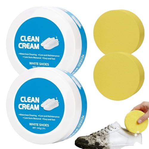 White Shoes Clean Cream, White Shoe Cleaner Kit with Sponge, No Rinse Trainer Cleaner for Whitening & Stain Removal, Multipurpose Cleaning Paste for Leather, Canvas, Suede, Sneaker & Boots (1)