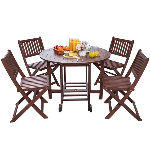 Greesum 5-Piece Outdoor Patio Dining Set – Folding Acacia Wood Table and Chairs for Backyard, Balcony, and Garden, Dark Brown