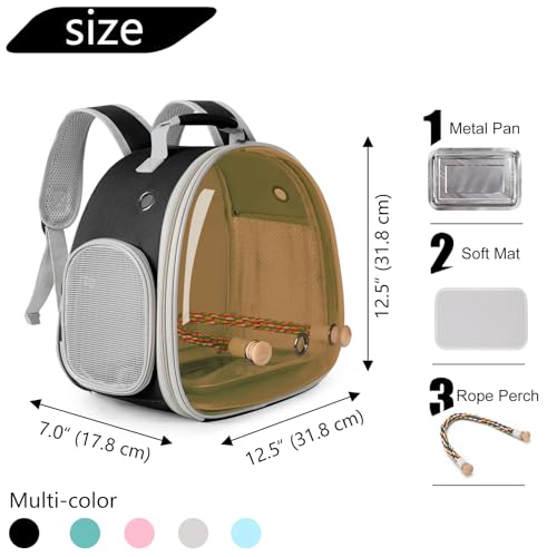 Image of Bird Travel Backpack Carrier with Metal Tray and Standing Perch, Polarized Tint Brown Space Capsule Astronaut Bubble Hard Window