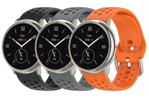 UPZOBU 20mm Watch Band for Amazfit Active 2 Band Quick Release Silicone Sport Watch Strap (3 Pack Black/Space Gray/Orange)