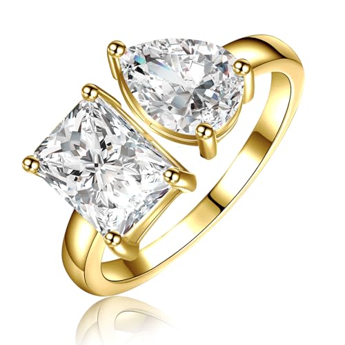 Adjustable Toi Et Moi 14K Gold Plated Engagement Ring for Women Radiant-Cut & Pear-Shaped AAAAA Cubic Zirconia Fake Wedding Ring|Statement Promise Ring for her Choose Open Size 5-92