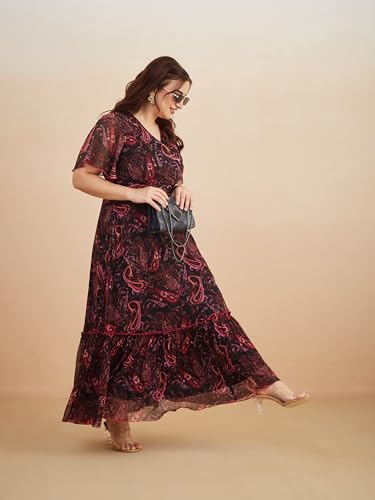 Image of Miss Chase A+ Women's Bohemian V-Neck Flutter Sleeve Chiffon Relaxed Fit Wrap Maxi Dress