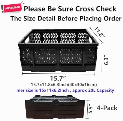 4-Pack 20L Collapsible Plastic Storage Crates, Foldable Baskets for Home Organization & Toys (Black)