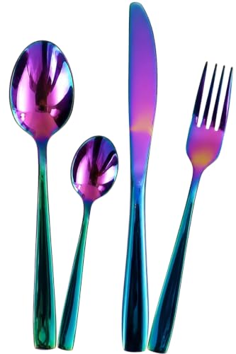 Image of Mirror Polished Rainbow 8 Pcs Stainless Steel Cutlery Set for Dining Table, Dishwasher Safe Glossy Flatware (2 Spoon Set + 2 Forks Set + 2 Butter Knife + 2 Dessert Spoon)