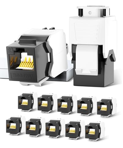 AMPCOM CAT6 RJ45 Keystone Jack – Reusable UTP Ethernet Wall Jack with Adjustable Ratchet Lock Design, No Tool and Zip Tie Required – 50u Gold Plated – Black (12-Pack)