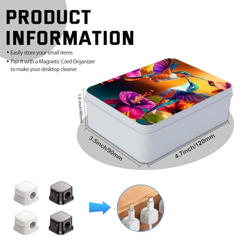 Image of Metal Tin Box with Lid for Game Cards Home Organizer Candles Keys Crafts Storage - Equipped with 4 Magnetic Cord Clips,Hummingbirds and flowers