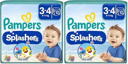 Pampers Windeln Größe 3-4, Splashers Baby Shark Limited Edition, Einweg-Schwimmwindeln, für sicheren Schutz im Wasser, 12 Stück(Verpackung kann variieren) (Packung mit 2)