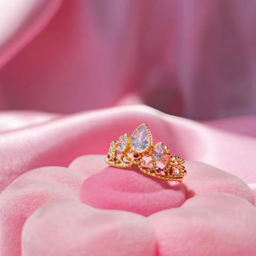 Woman High-end Zircon Adjustable Princess Ring Wedding Geek Jewelry Rapunzel Crown Rings Gold Plated(Gold)