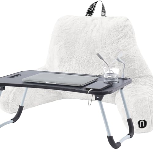 Image of Nestl Fur Reading Pillow with Laptop Lap Desk, Stylish Back Pillow for Sitting Up, Lap Desk with Reading Pillows for Sitting in Bed Adult & Kids, Faux Fur Chair Pillow with Arms - White