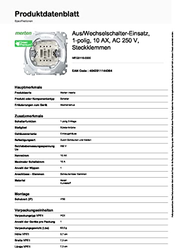 Schneider Electric Merten Aus- und Wechselschalter-Einsatz, Unterputz, 1-polig, Artikelnummer MEG3116-0000
