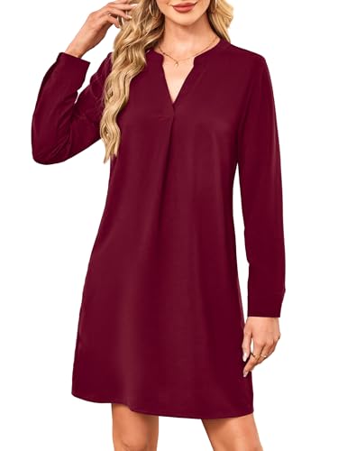 Amoretu Kleider Damen Langarm V Ausschnitt Knielang Hemdkleid Tunikakleid mit Taschen (Burgundy, 2XL)