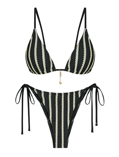 ZAFUL Black Crochet Bikini Sets for Women Cheeky Two Piece Bathing Suits Striped Brazilian High Cut Knit Swimsuit Tie Side for Vacation M