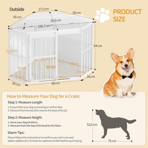 Hzuaneri Eck-Hundekäfig, Hundebox für Zuhause, Hundekäfig Möbel mit Kissen und Schiebetüren, Moderne Hundebox Holz Indoor Klappdeckel für Mittelgroße Kleine Hunde, 107 x 59,6 x 64 cm, Weiß DFC85903W