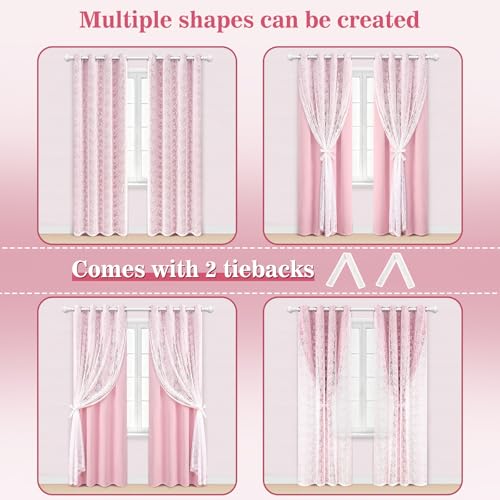 Image of Yinhua Pink Curtains for Girls Room Double Layer Blackout Curtains for Bedroom 84 Inches Long Nursery Curtain for Living Room, Grommet Drapes with Tiebacks, 52 inch W x 84 inch L