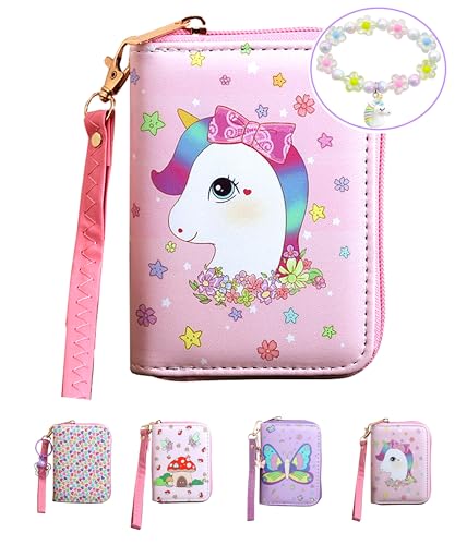 Little Girls Wallet with Strap Girls Cute Small Wallet with Coin Pouch Teen Girls Mini Coin Purse with Strap Cute Cartoon Card Holder