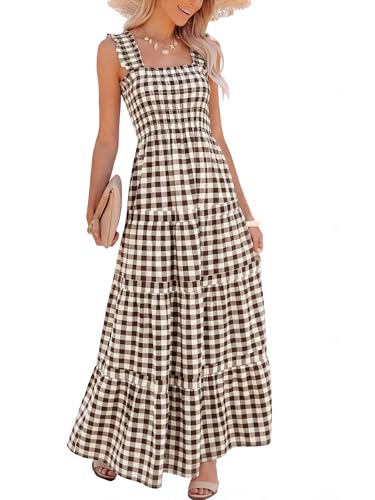 Image of Caracilia Womens Summer Maxi Dresses Floral Smocked Sleeveless Ruffle Boho Casual Flowy Aline Beach Vacation Long Sundress