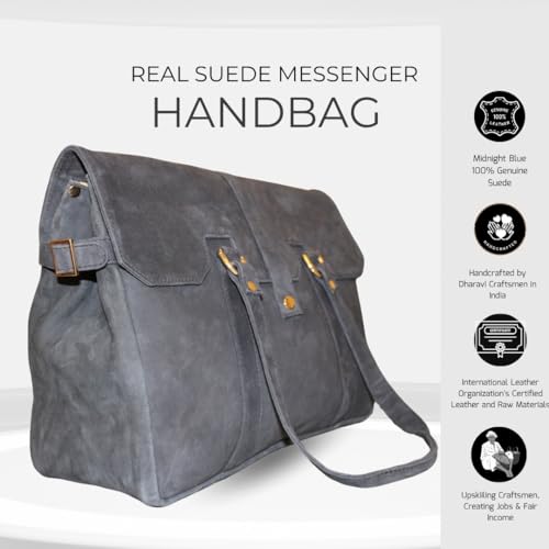 Amari Midnight Blue Genuine Suede Leather Shoulder Messenger Tote Bag for Women | Fits 14” Laptop | Ethical Handcrafted Indian Tote Bag3