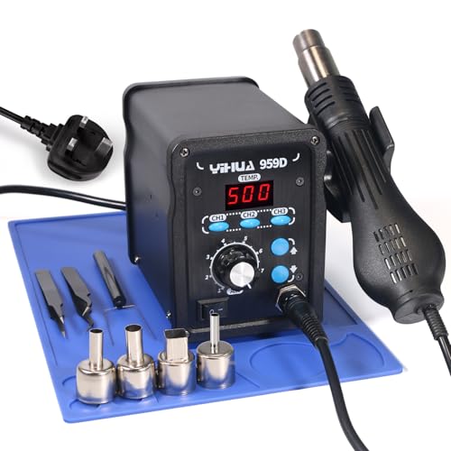 YIHUA 959D Hot Air Rework Station for SMD Soldering 3 Memory Channels with 4 Hot Air Nozzles Soldering Work Mat ESD Safe Tweezers(UK Plug)