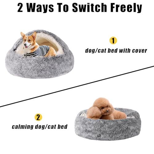 Round-Hooded-Cat-Bed-Dog-Bed-with-Cover-Cave-Dog-Bed-for-Small-Dogs-Faux-Fur-Cuddler-Round-Coved-Cat-Bed-Self-Warming-Donut-Dog-Bed-Fits-up-to-5-lbs-Pets-Gray-16inch-x-16inch