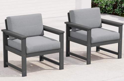 Image of SERWALL 2 Pieces Single Cushioned Sofa Armchair, Grey HDPE Adirondack Outdoor Sofa Lounge with Grey Cushion