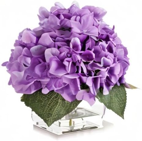 Miniatura 7 de ENOVA FLORAL Hortensias de seda artificiales en jarrón con agua sintética, arreglos florales de seda en jarrón para decoración del hogar, mesa de