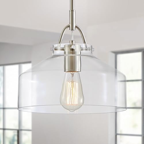 Image of WUZUPS Chandelier Rustic Farmhouse Industrial Round Ceiling Pendant LED Light Fixture with Clear Glass Shades for Dining Room Kitchen Island Foyer Entryway, H 9.4 inch x W 10.6 inch, E26 Base, Brushed Nickel