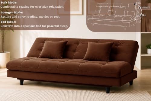Image of Los Angeles Modern Convertible Futon Sofa Bed, Tufted Upholstered Folding Couch with Adjustable Backrest, Space Saving Sleeper Sofa for Living Room, Apartment, Office, Dorm & Guest Room - Brown