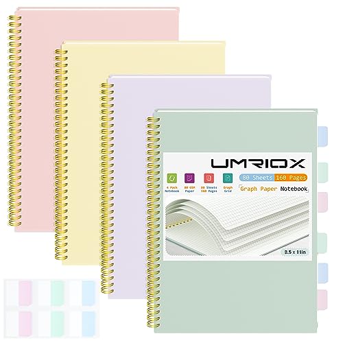 Umriox 4 Pack Graph Paper Notebook, 8.5" x 11" Spiral Notebook with Free Sticky Notes, 5 x 5mm Grid Paper 160 Pages, Large Journal for School, Work
