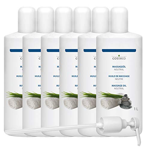 CosiMed Massageöl neutral, Bundle 6 x 1 Liter Flasche, mit Dosierpumpe