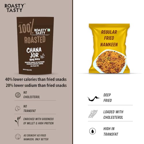 Image of Roasty Tasty Chana Jor | Roasted Chana Chur Garam - Healthy Snack with Hing Jeera Flavour | Healthy Namkeen for Chai Time | High Protein | No Palm Oil Namkeen Snacks | Gluten Free Snacks | 150g x 2 Packs | Crunchy Indian Snack | Roasted Namkeen