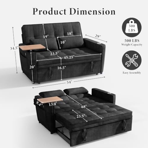 Image of Dreamzie 54'' Convertible Sleeper Sofa Bed with Swivel Side Table, Chenille Pull Out Couch for Living Room, Loveseat Sleeper Couch with Side Pocket | Charging Port | Cup Holder, Black