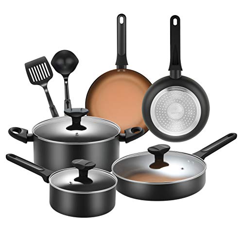 Cookware Sets-MVCHIF Nonstick Pots and Pans Set Aluminum Frying Pan Saute Pan Sauce Pan with Lids and Utensils, All Stove Tops Compatible, Oven-Safe PFOA-free Dishwasher Safe, 10 Pieces,Copper