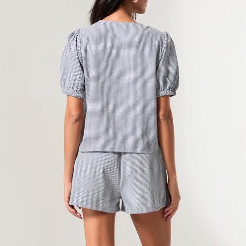 Image of Yuemengxuan Women Y2k Peplum Shirt Shorts Set Two Piece Lounge Set Pajamas Sets Puff Sleeve Tie Front Top 2pcs Pj Outfits